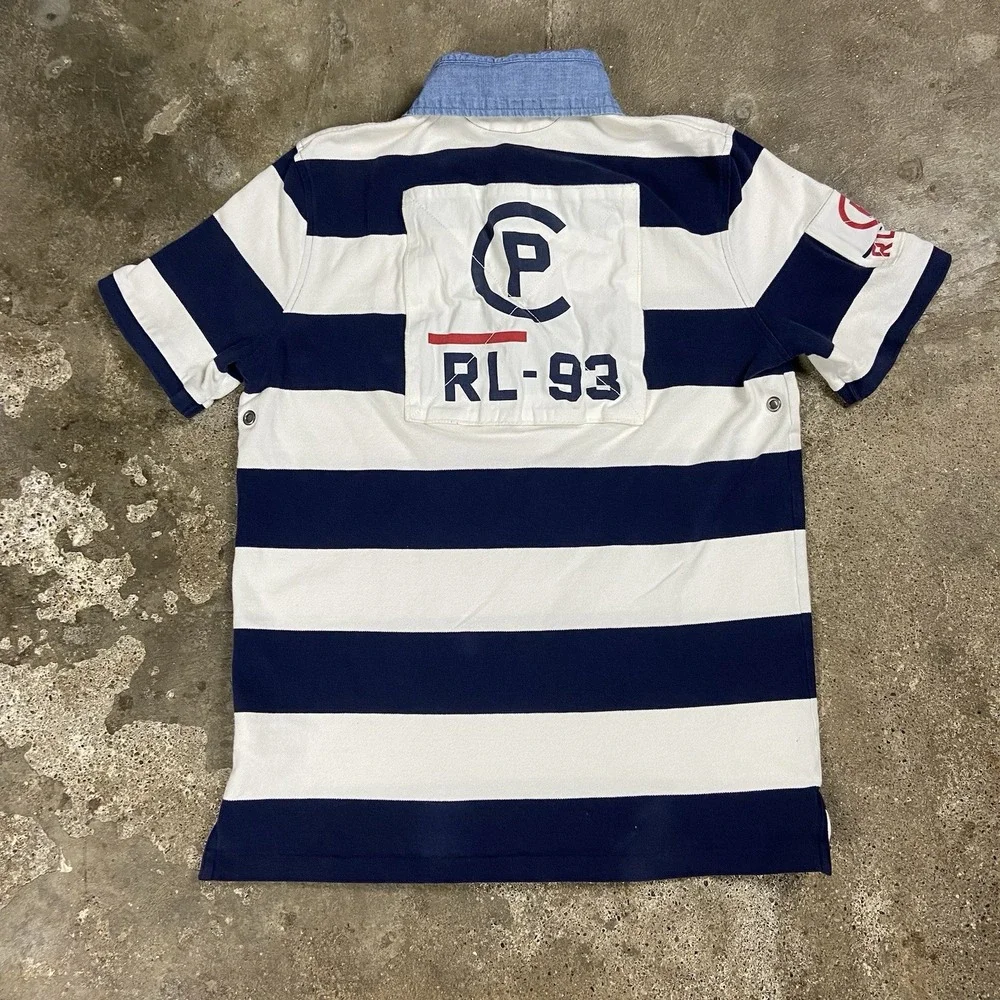 Polo Ralph Lauren Polo Shirt Size Medium Navy Blue Striped Classic Fit US-93